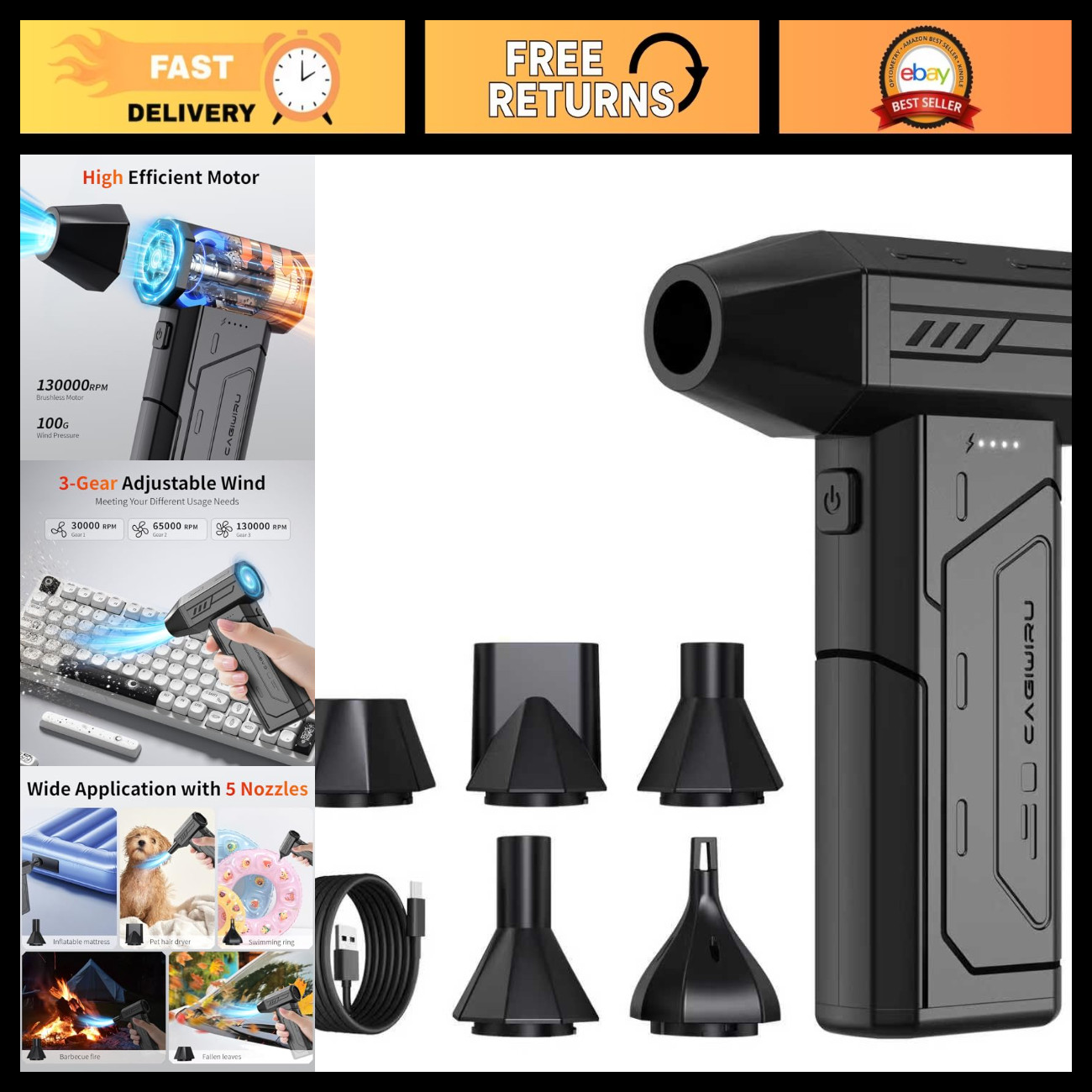 Cordless Compressed Air Duster 130,000 RPM - Rechargeable Blower with LED Light,