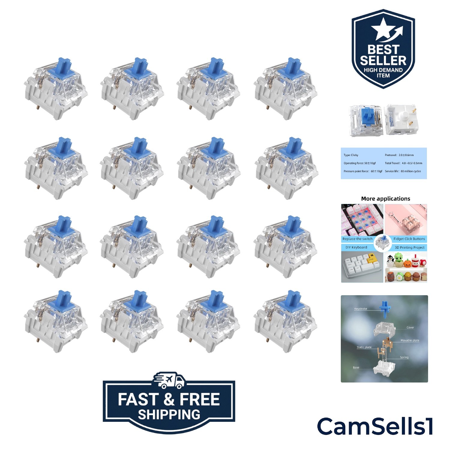 MX-Style 108 Pcs Blue Clicky Keyboard Switches – Ideal for Gamers and Fidgeting