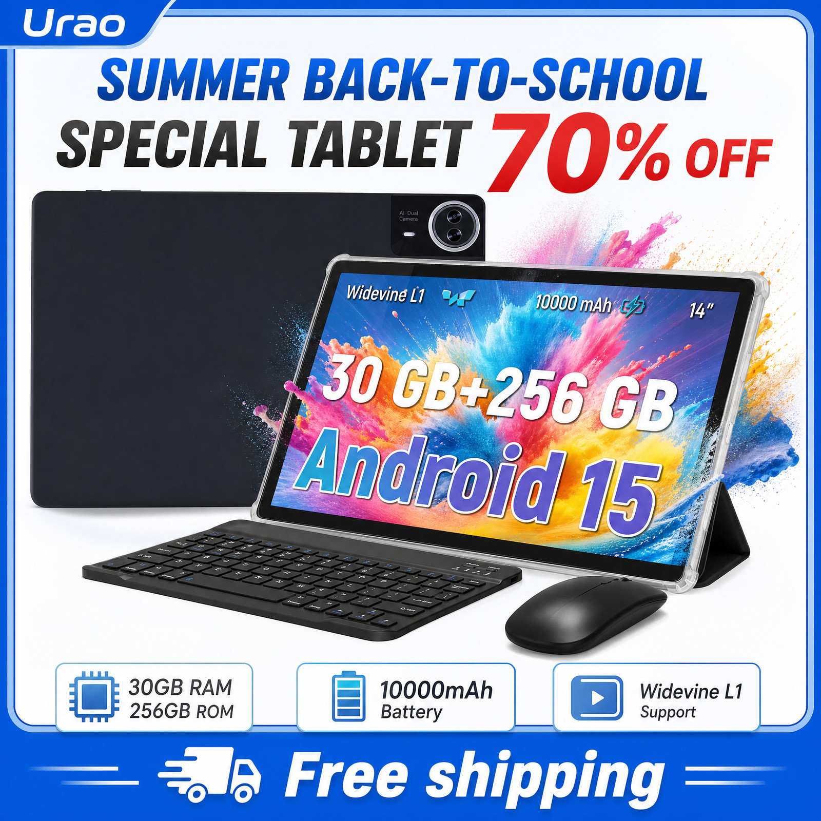 2026 Urao14" Tablet with Keyboard 30GB RAM 256GB ROM Android 10000mAh Google New