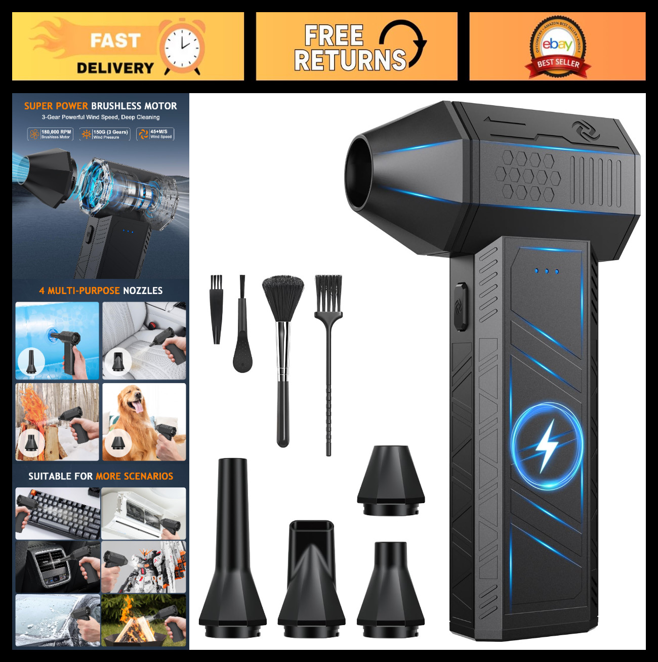 Powerful Cordless Compressed Air Duster - 180,000 RPM, 3-Speed Rechargeable Blow
