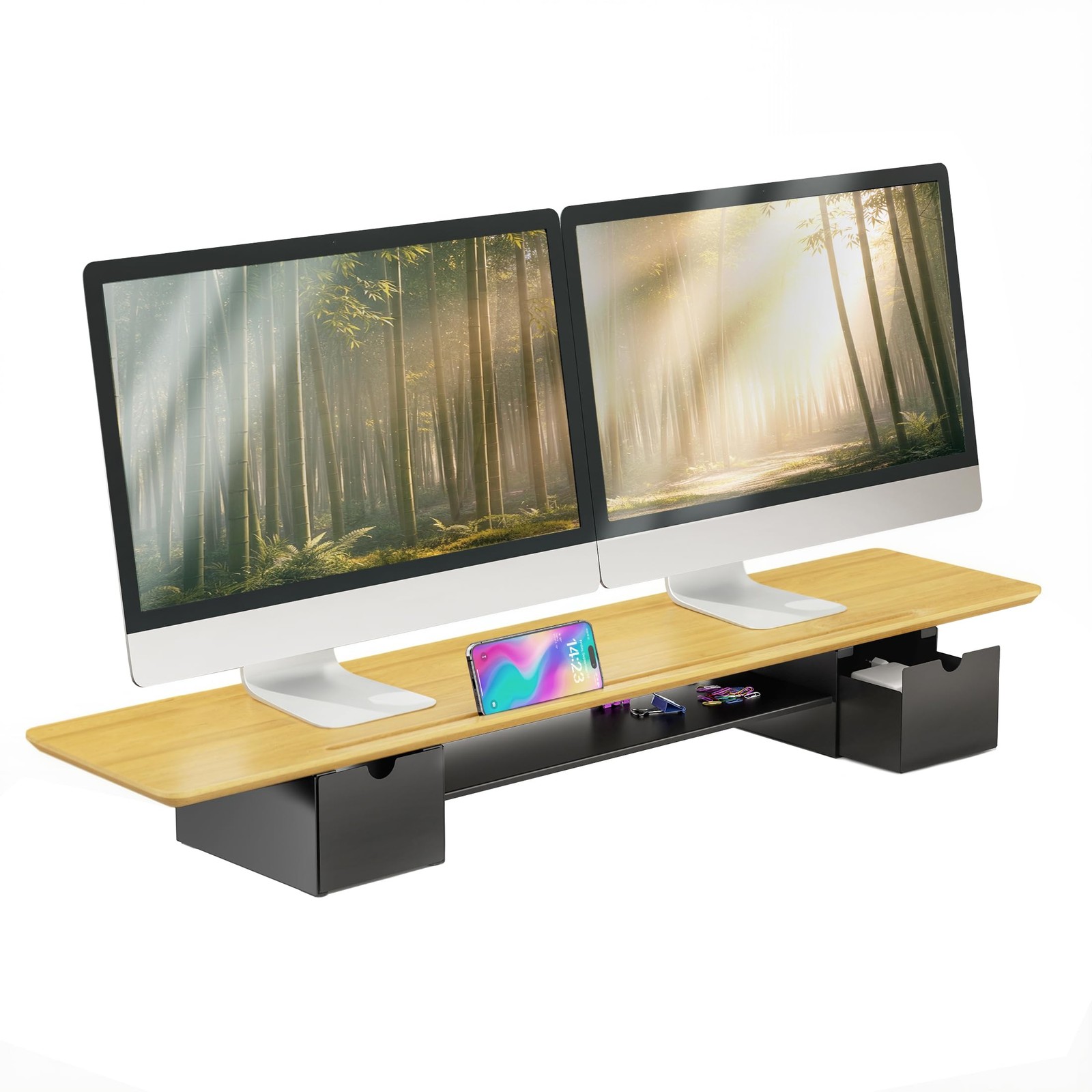 Mount-It Extra Wide 39" Real Solid Bamboo Dual Monitor Stand Riser, 2 Metal ...