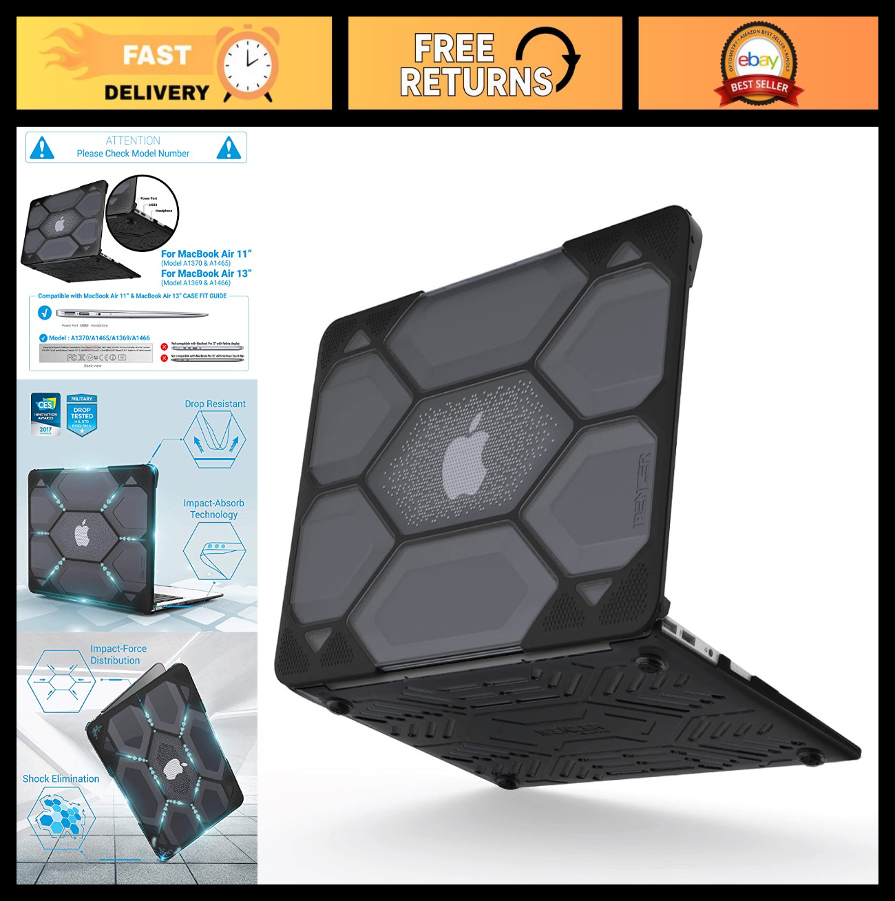 Heavy Duty Hard Shell Case for MacBook Air 11" A1370 A1465 - Protective Cover, B