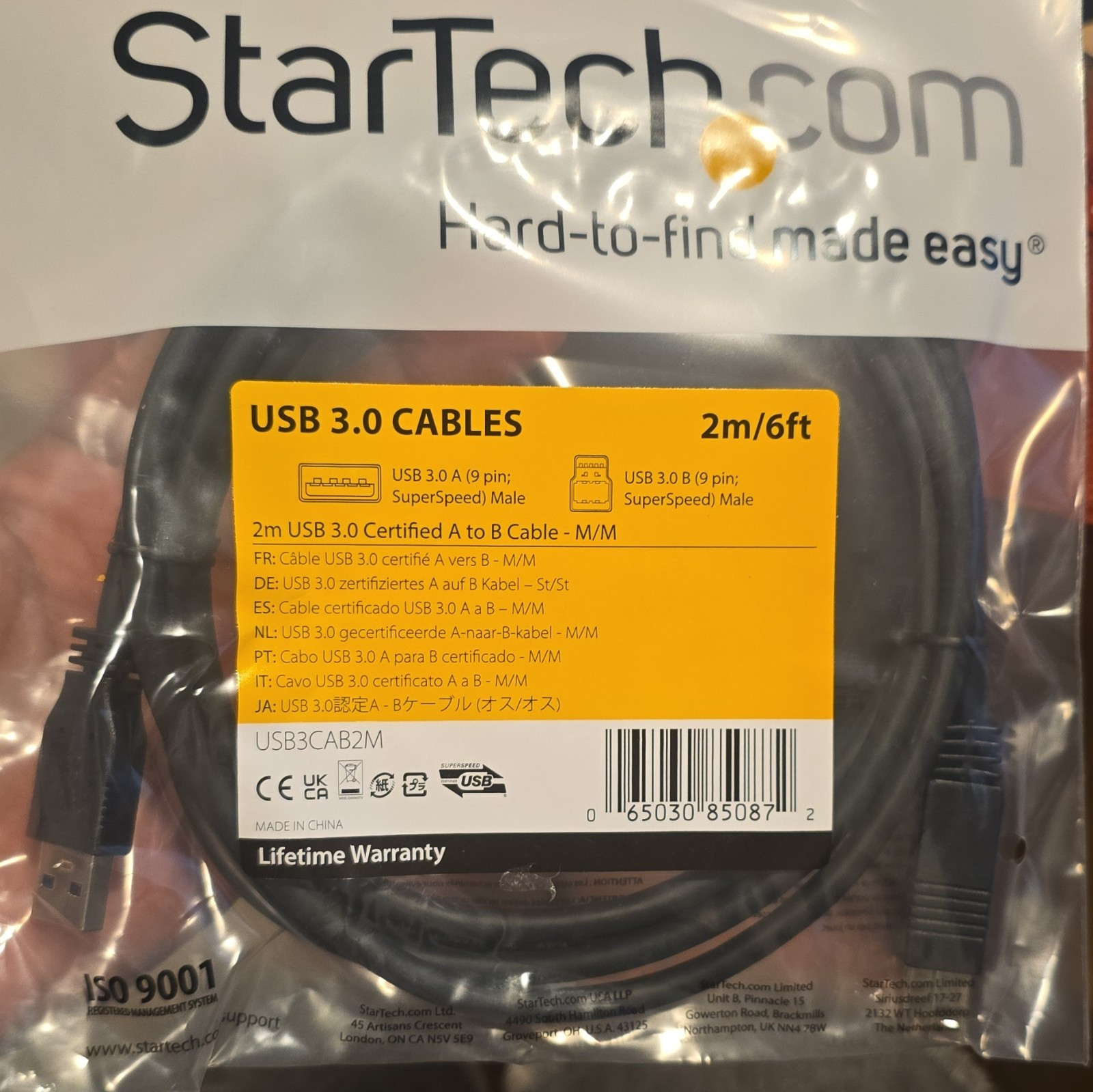 StarTech USB 3.0 A to B Male Certified Round Cable 2m/6ft Black USB3CAB2M