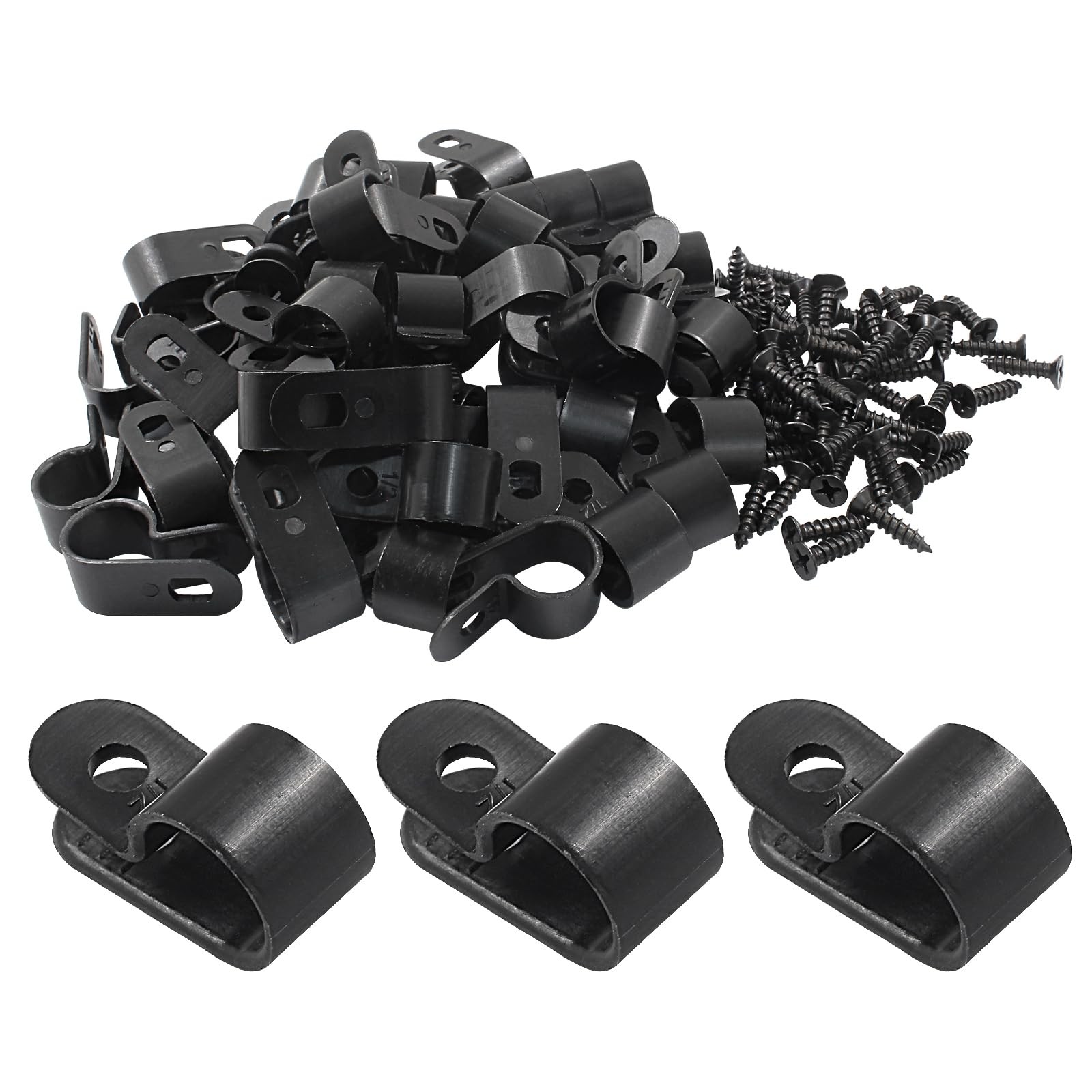 50 PCS 1/2 Inch RType Cable Clip Clamp Nylon Mounting Wire Fastener Black