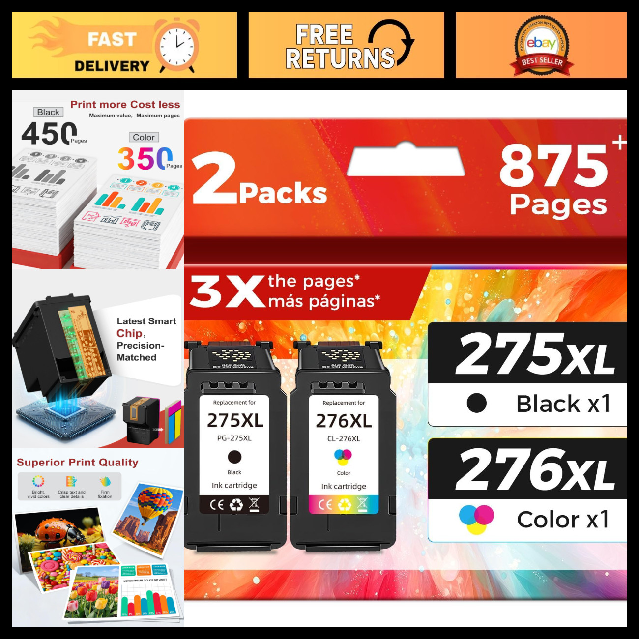 High-Yield Ink Cartridge Replacement PG-275 CL-276 XL for Canon 275XL 276XL