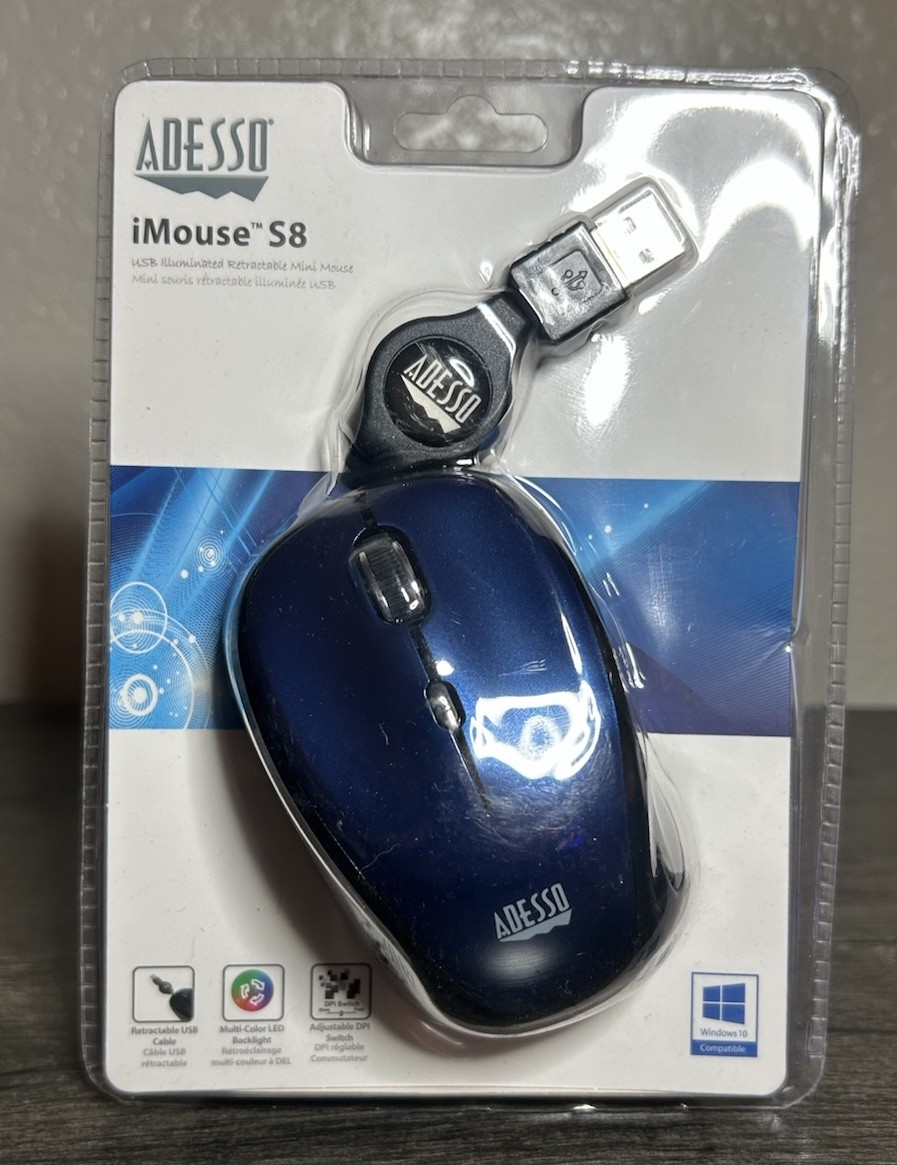 Adesso iMouse S8L LED Optical Wired USB Retractable Mini Mouse - Blue