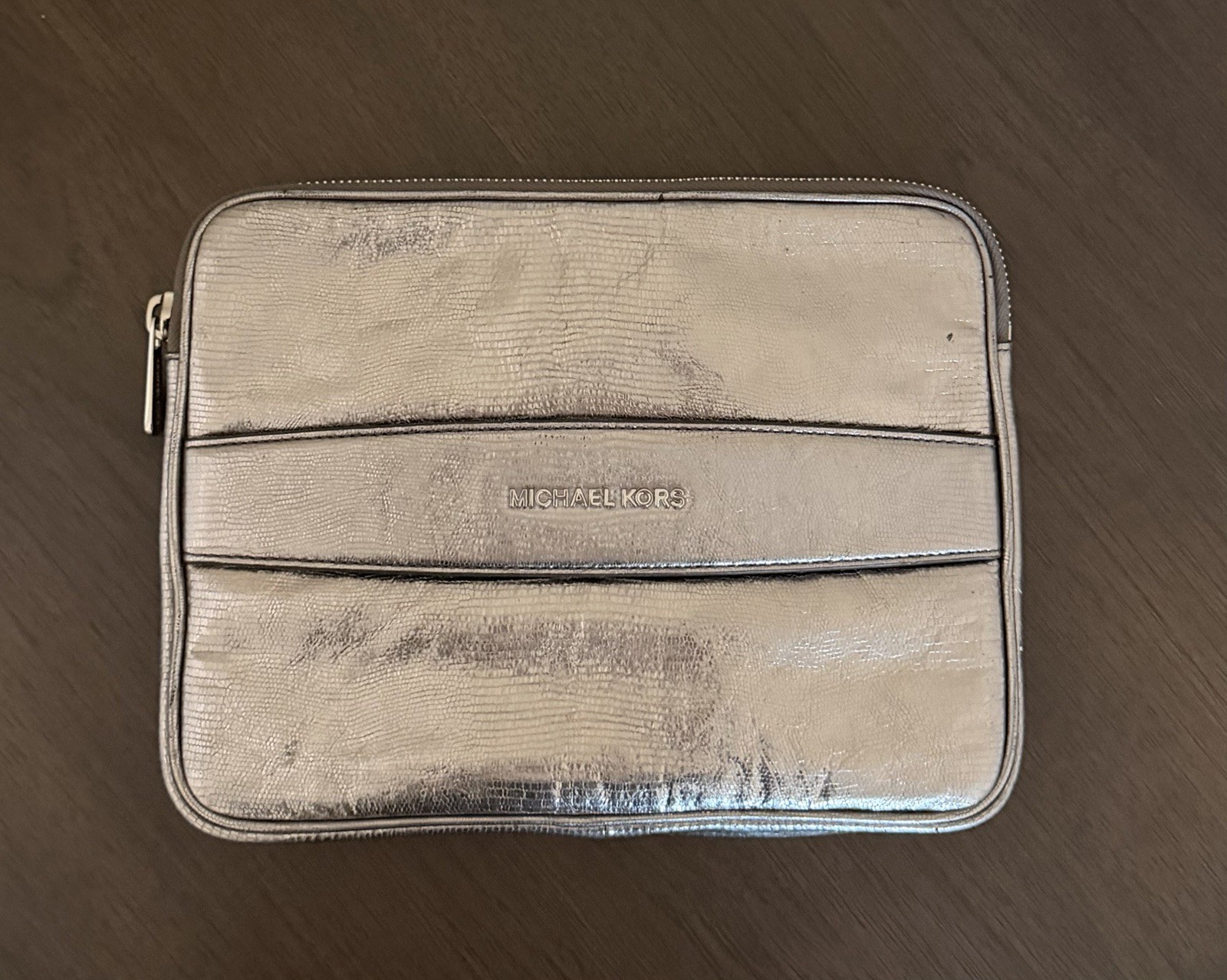 Michael Kors metallic embossed leather tablet case or clutch in nickel. NWT.
