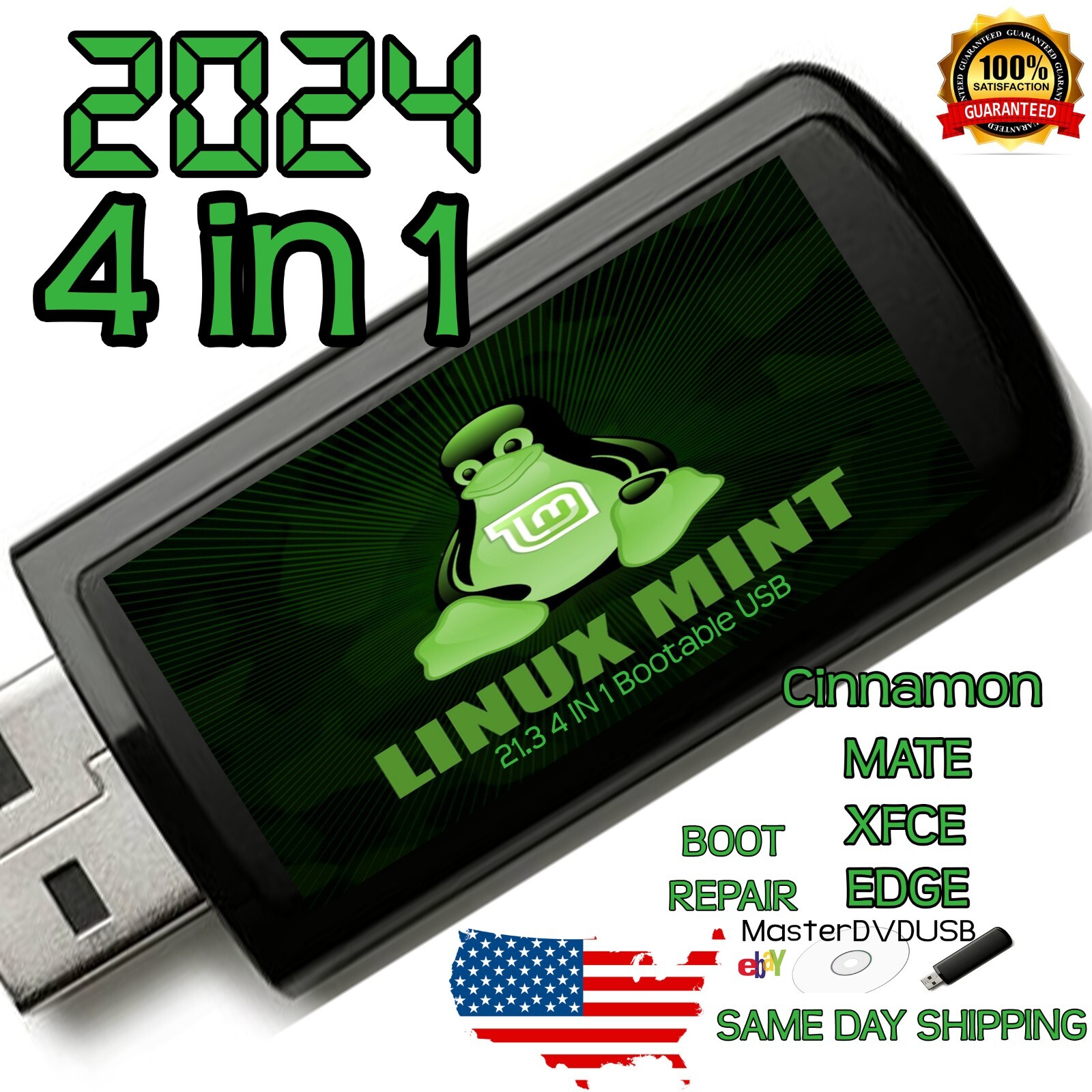 Linux Mint 21.4-in-1 USB Bootable Drive with Cinnamon, Mate, XFCE, and Edge 32GB