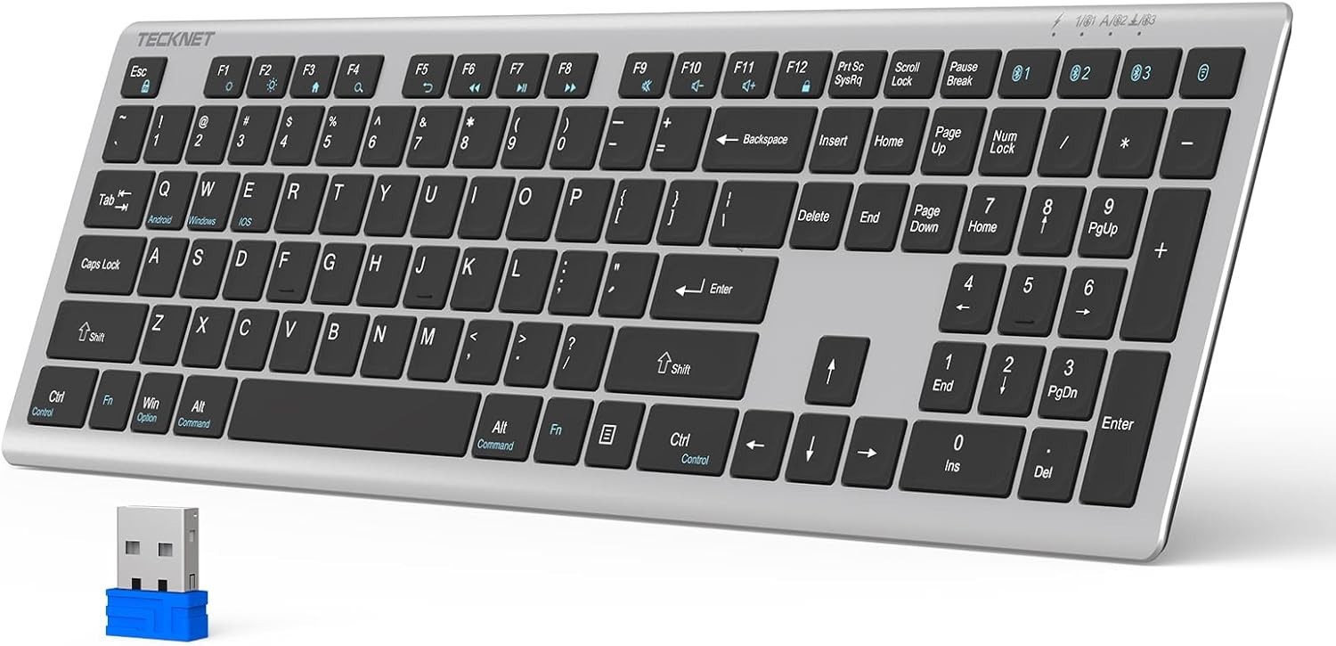 TECKNET Bluetooth Keyboard Rechargeable, 4-Device Free Switching (2.4G+BT), Ultr