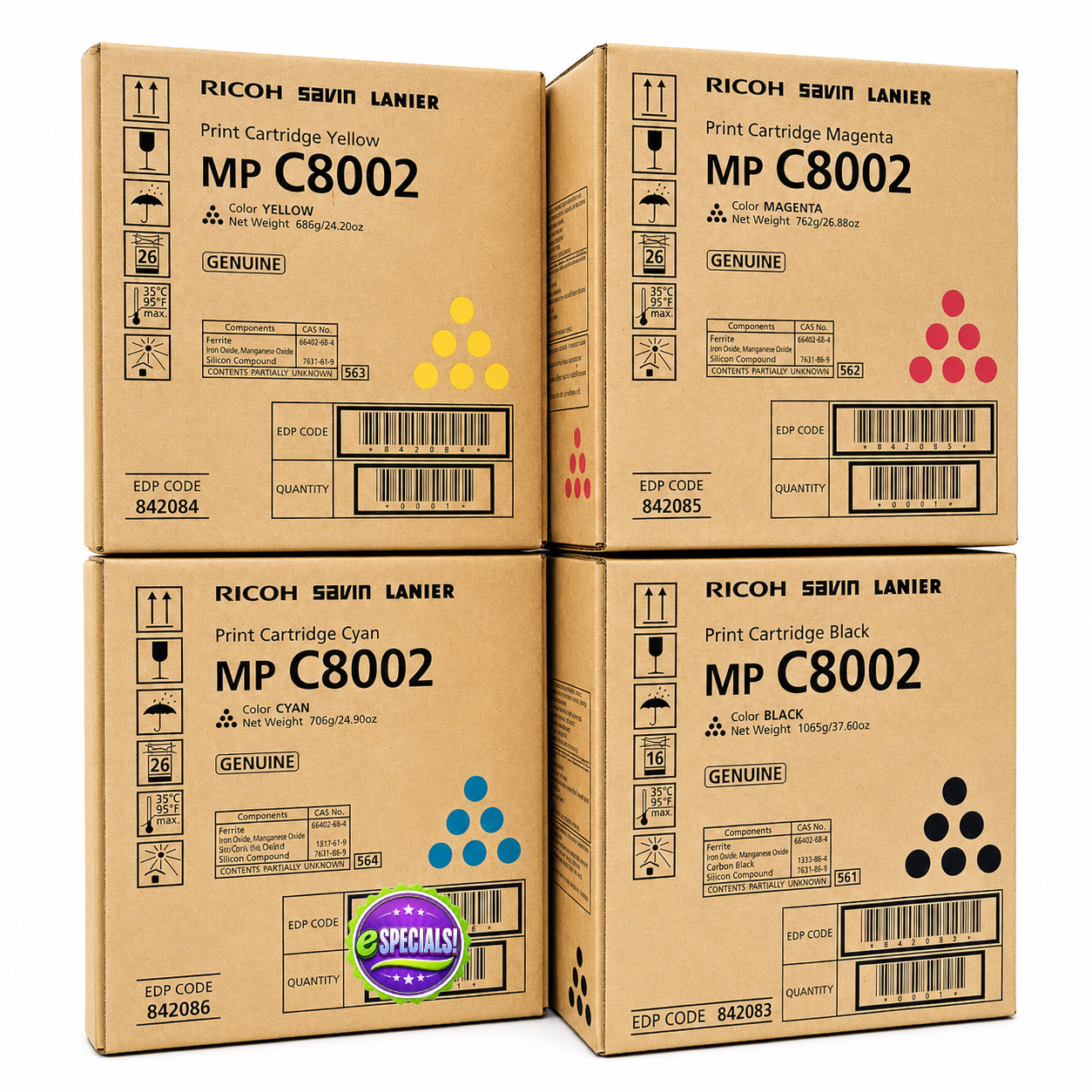 New Genuine Sealed Boxes Ricoh MP C8002 Toner Set 842083, 842084, 842085, 842086