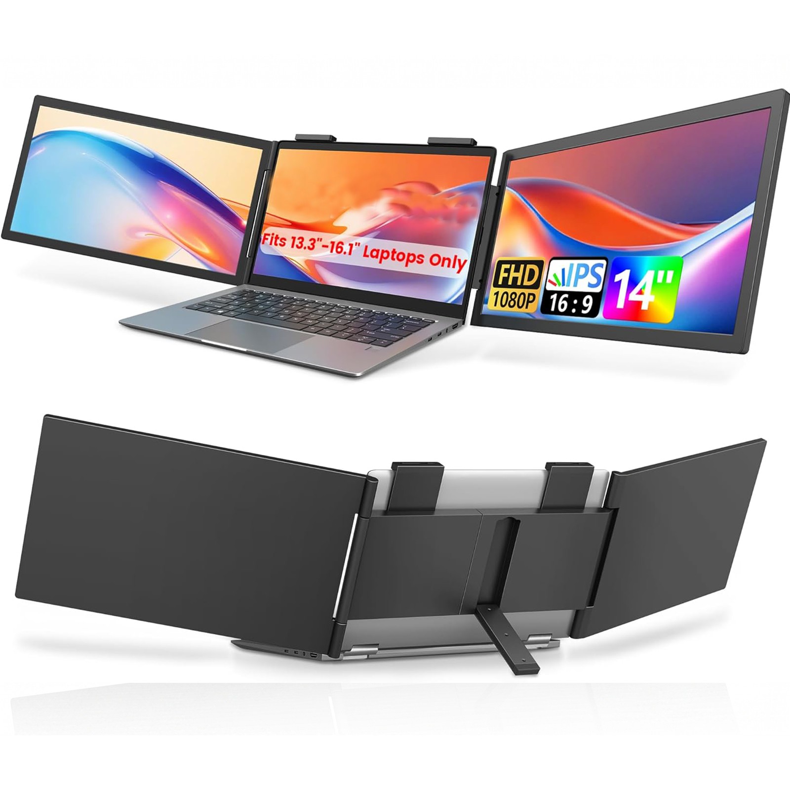 Dual Laptop Screen Extender 14" 1080P Portable Monitor for 13.3" - 16.1" Laptops