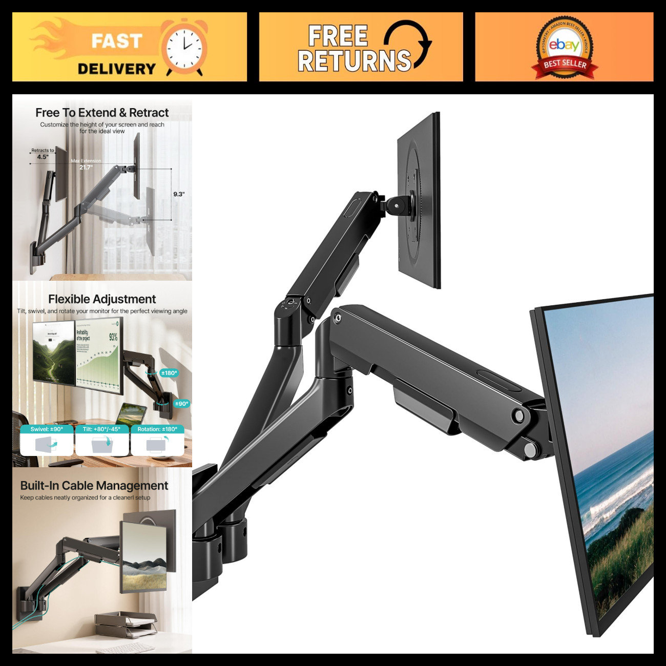 Dual Monitor Wall Mount for 17-32" Screens, Adjustable, Heavy-Duty, Space-Saving