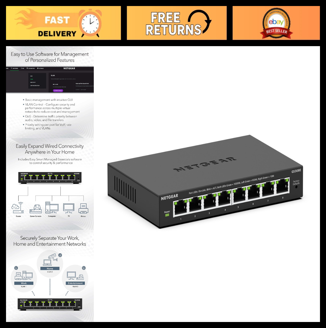 8-Port Gigabit Ethernet Switch - Easy Smart Managed Hub, Desktop/Wall Mount, Sil