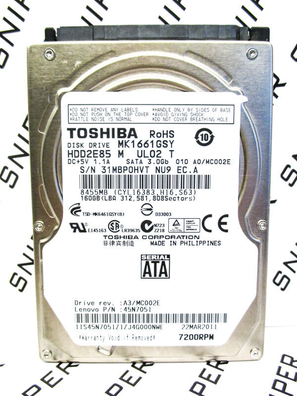Toshiba 160GB MK1661GSY SATA (HDD2E85 M UL02 T) Laptop HardDrive WIPED & TESTED