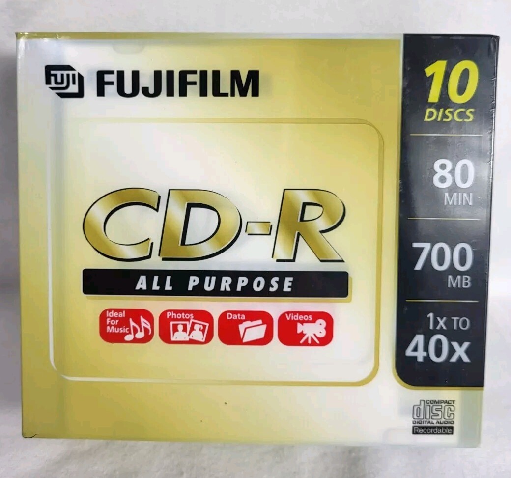 Fujifilm CD-R 10 Pack Blank Recordable With Cases 80 Min NEW Sealed 700mb Disc