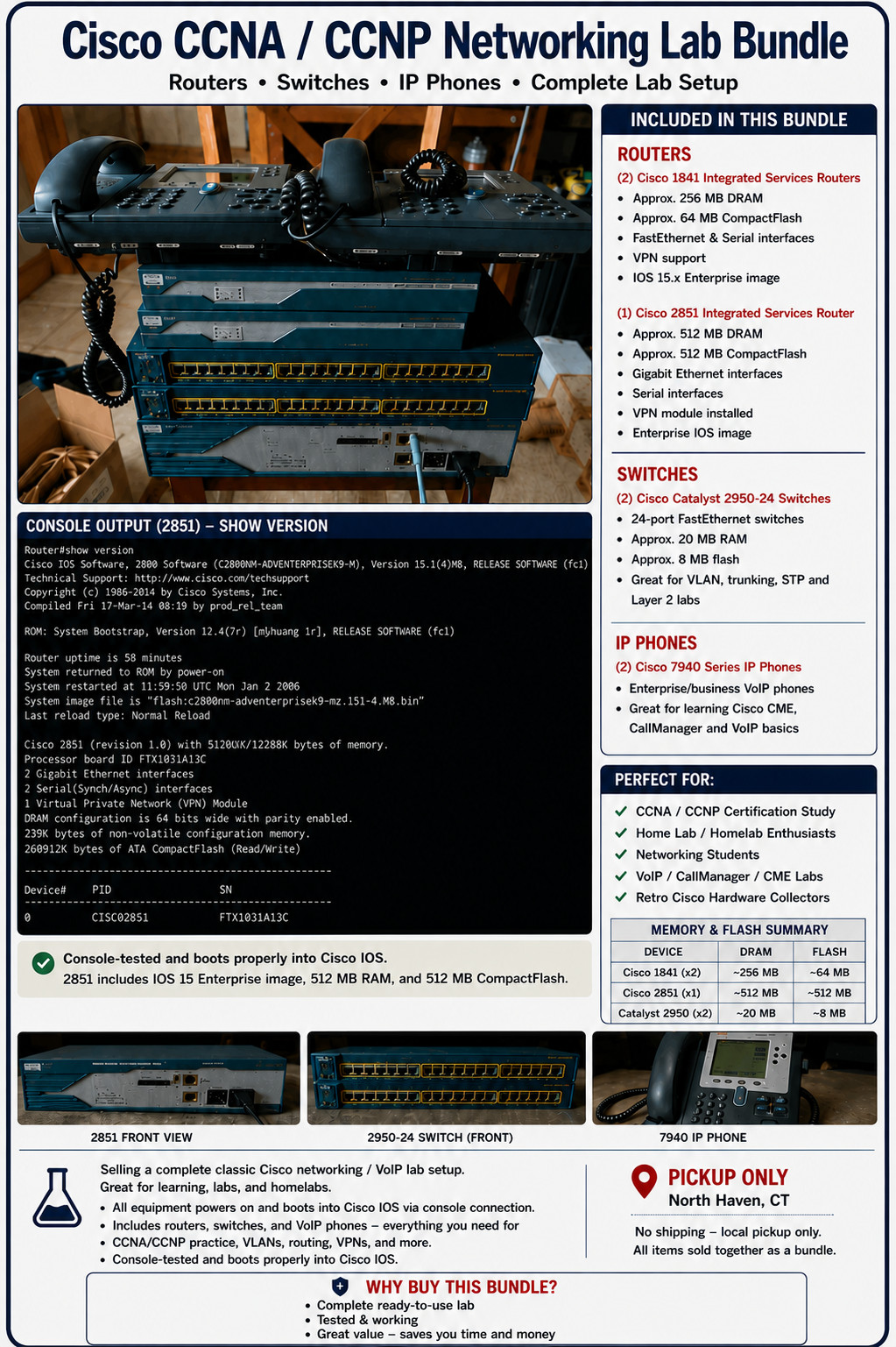 CISCO CCNA/CCNP Lab 2 Switches and 3 Routers Including 2851 Phone VOIP Router