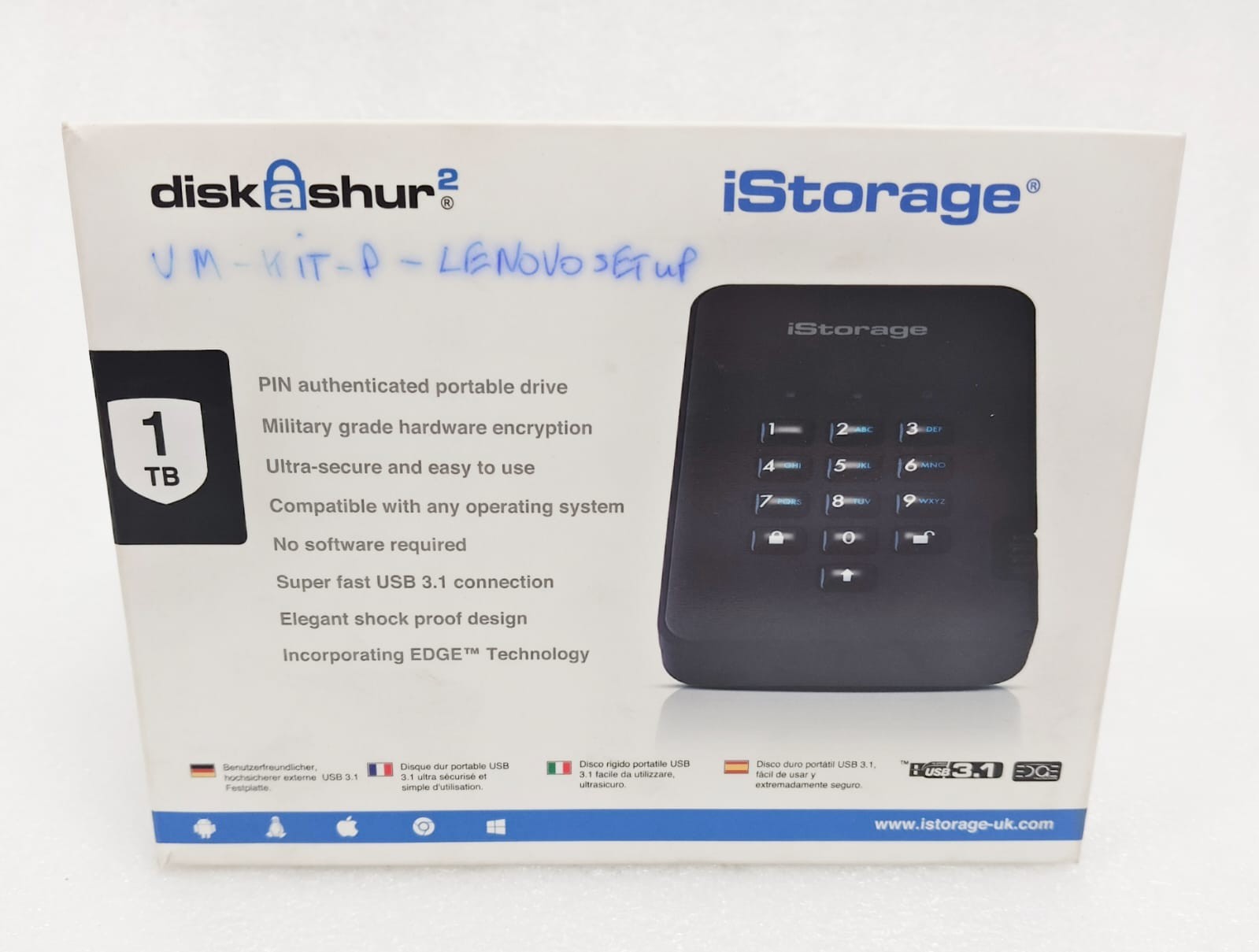 iStorage diskAshur2 1TB Encrypted Portable Hard Drive USB 3.1 PIN Secure