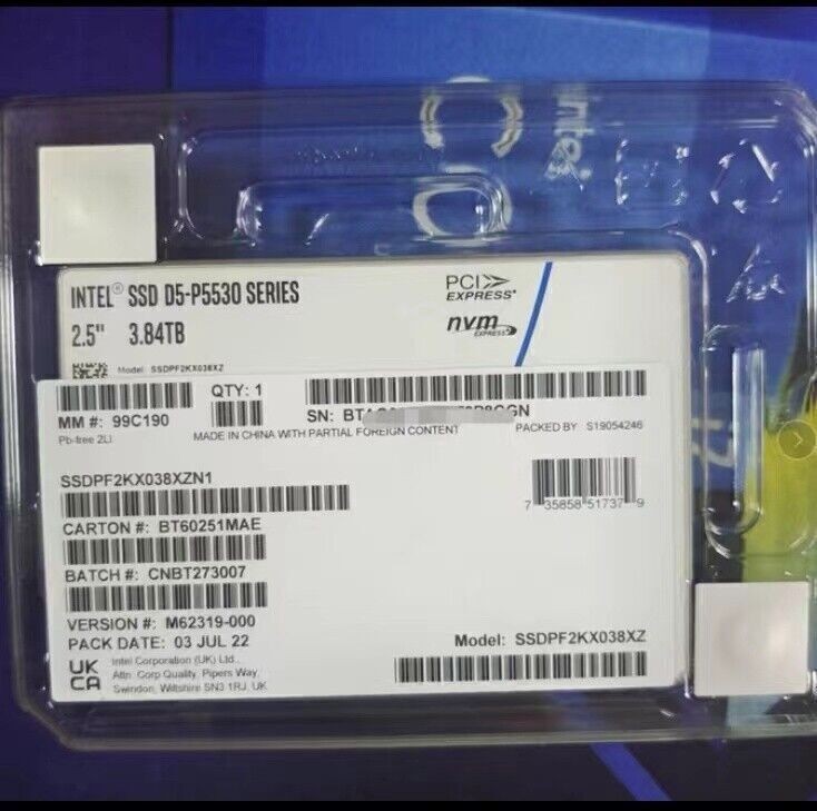 Intel 3.84TB D5-P5530 SSD U.2 SSDPF2KX038XZN1 Series DC NVME Solid State Drive