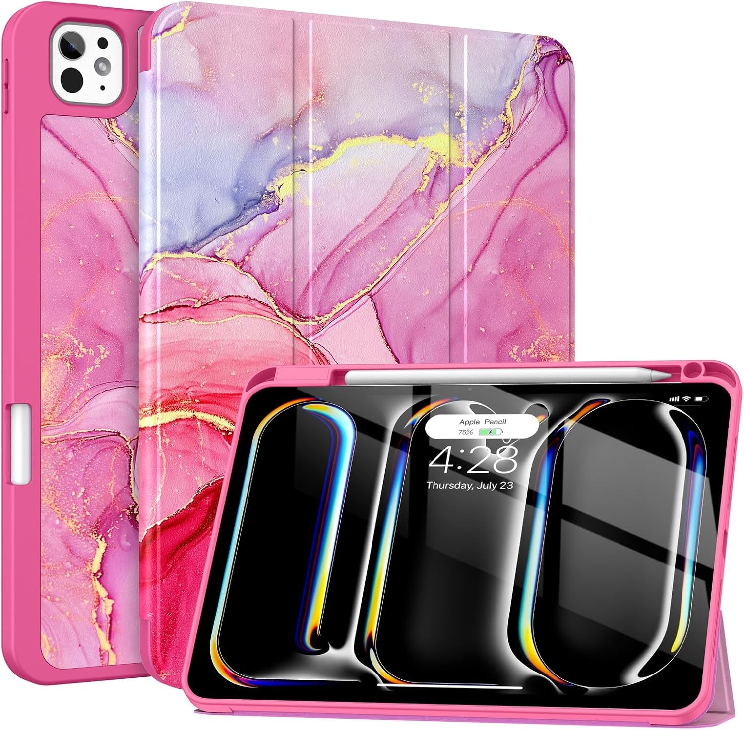 Case for iPad Pro 11 Inch (M5 2025/M4 2024) - Hot Pink Marble, Built-in Apple Pe