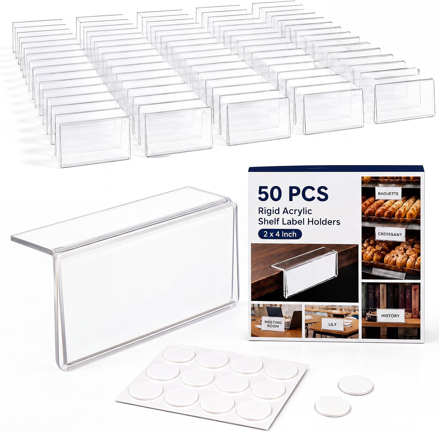 Thyle 50 Pcs Rigid Acrylic Shelf Label Holders 2 X 4 Inch Clear L-Shape Desk Nam