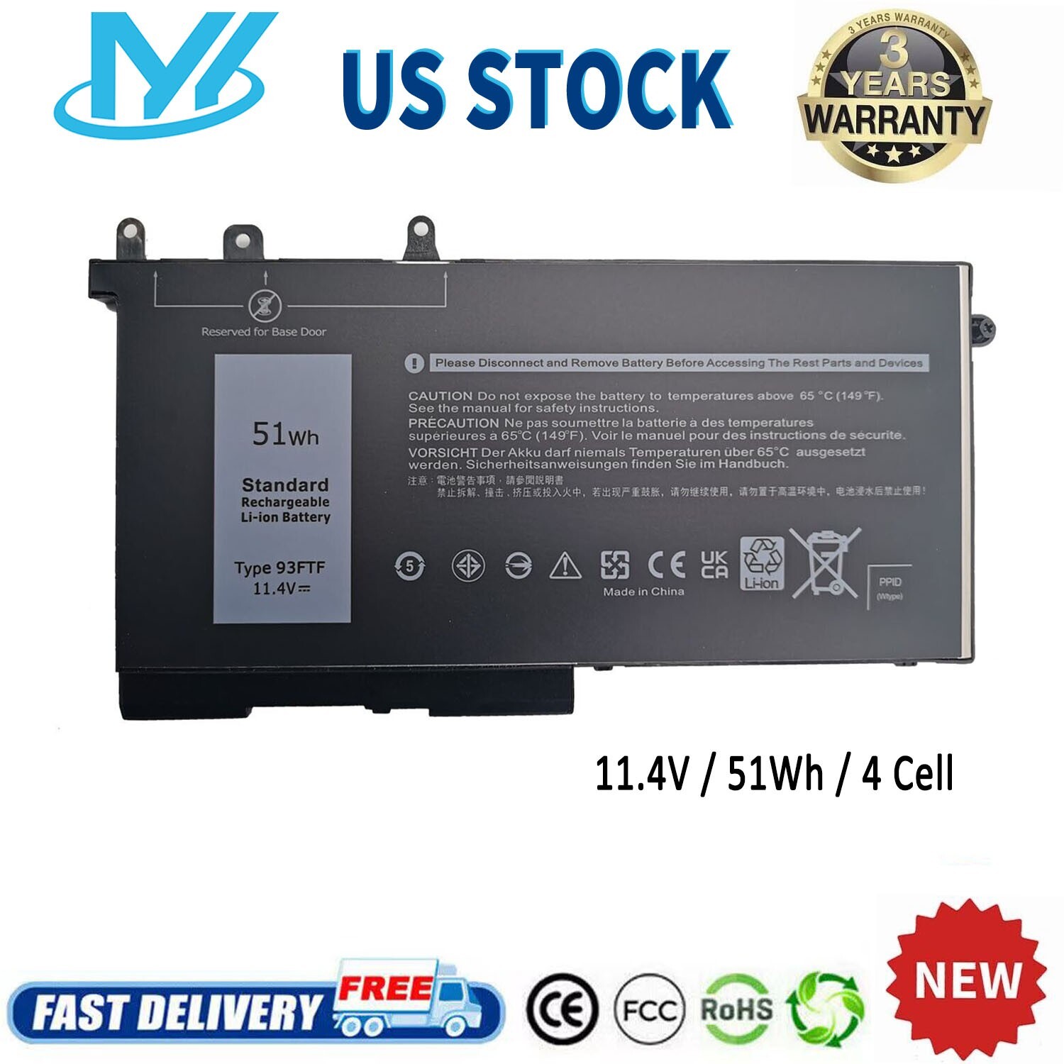 ✅93FTF 51WH Battery For Dell Latitude 12 5280 5288 5480 5580 5590 5490 5290 5488