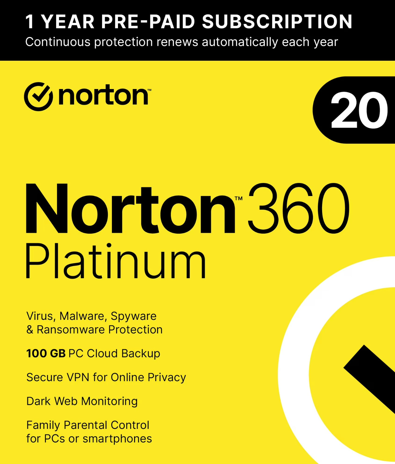 Norton 360 Platinum 20 Devices 1 Year Antivirus Internet Security PC/Mac/ioS