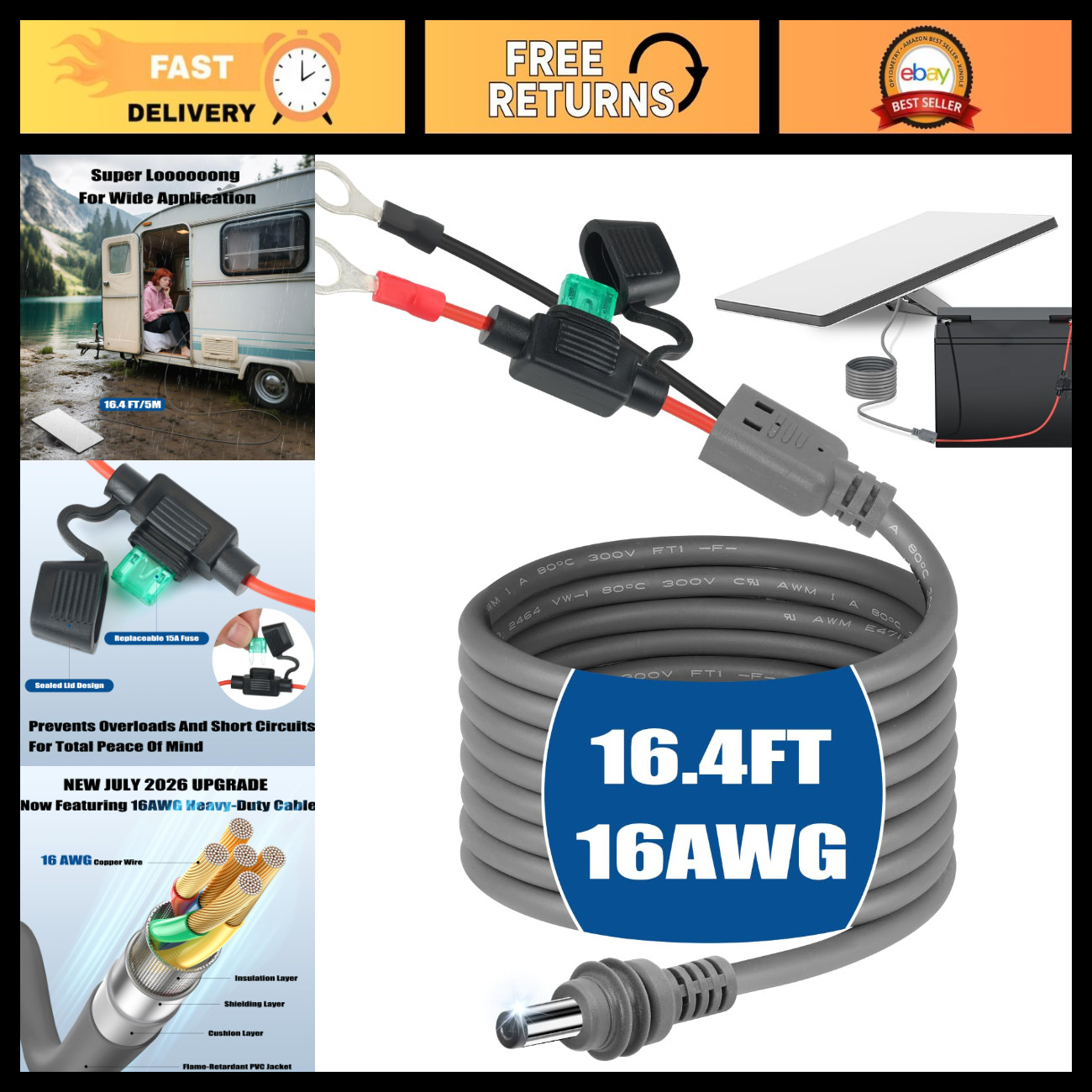 16.4FT Waterproof 16AWG Power Cable for Starlink Mini - Direct to Car/RV/Marine