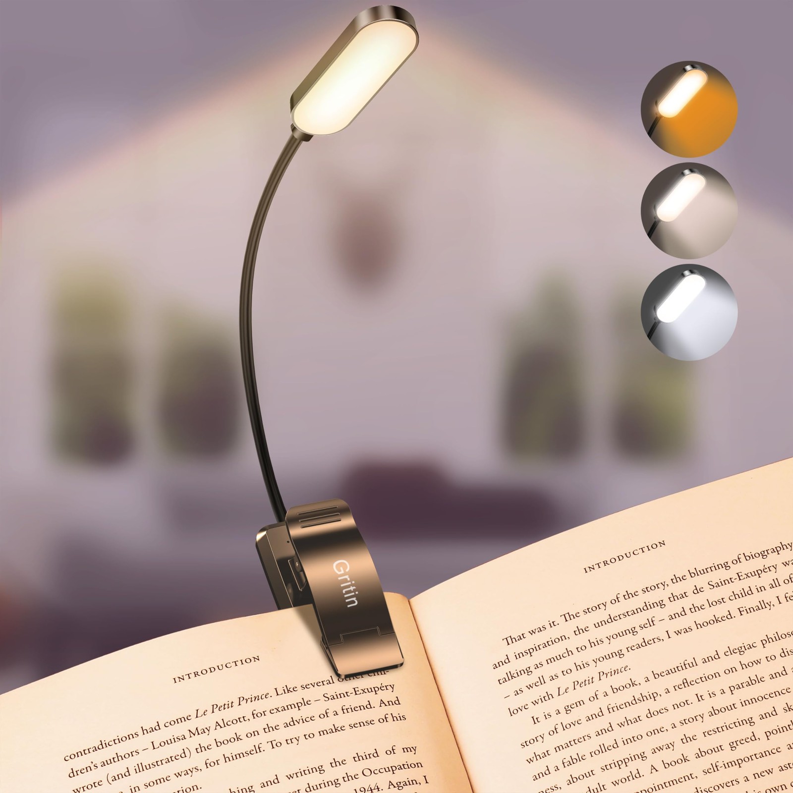 Gritin 16 LED Rechargeable Book Light for Reading in Bed One Size, ‎Black