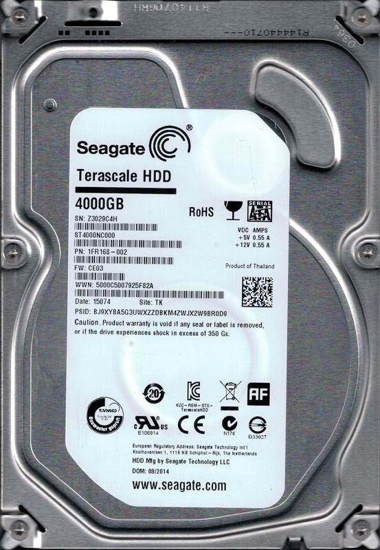 ST4000NC000 P/N: 1FR168-002 F/W: CE03 TK Z30 Seagate 4TB