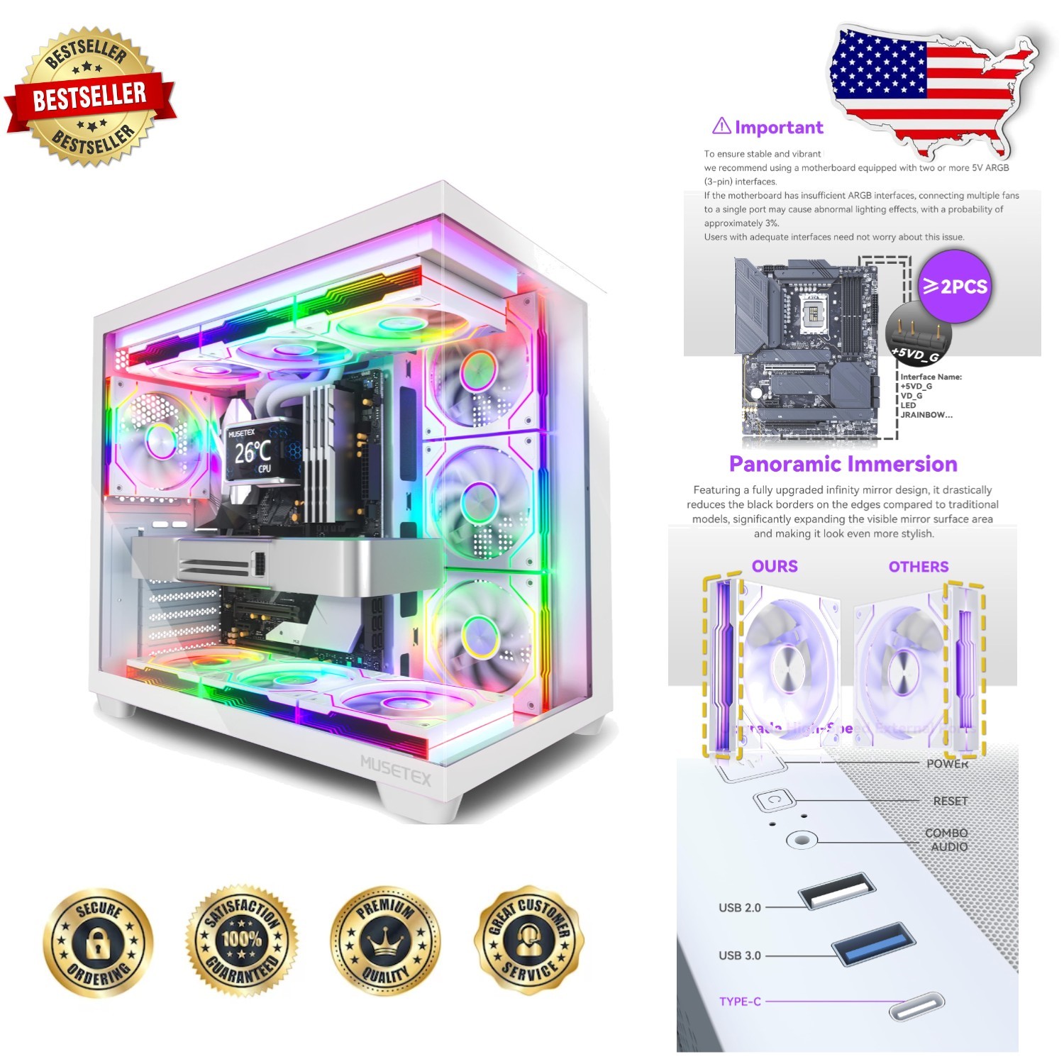 Y6 PC Case White ATX 7 Infinity Mirror ARGB Fans Full View Tempered Glass