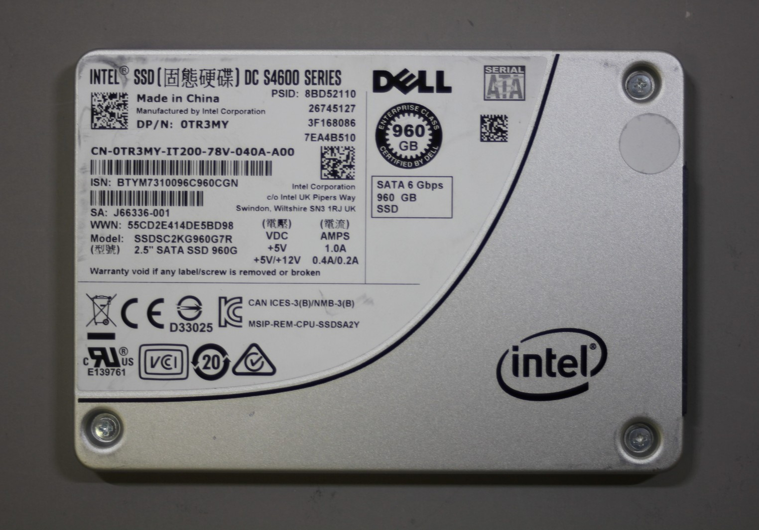 Intel SSD DC S4600 Series Dell 960GB 2.5" SATA 6Gbs SSDSC2KG960G7R 100% HEALTH