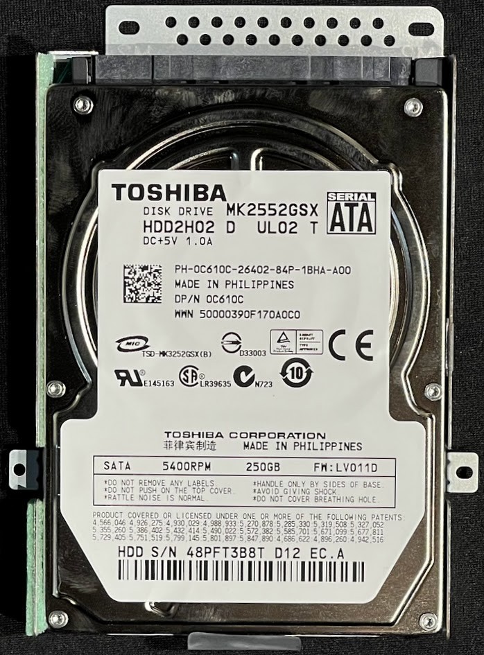 Toshiba 250GB 5400RPM 2.5" Internal SATA HDD / MK1237GSX HDD2H02 / C610C / H232G