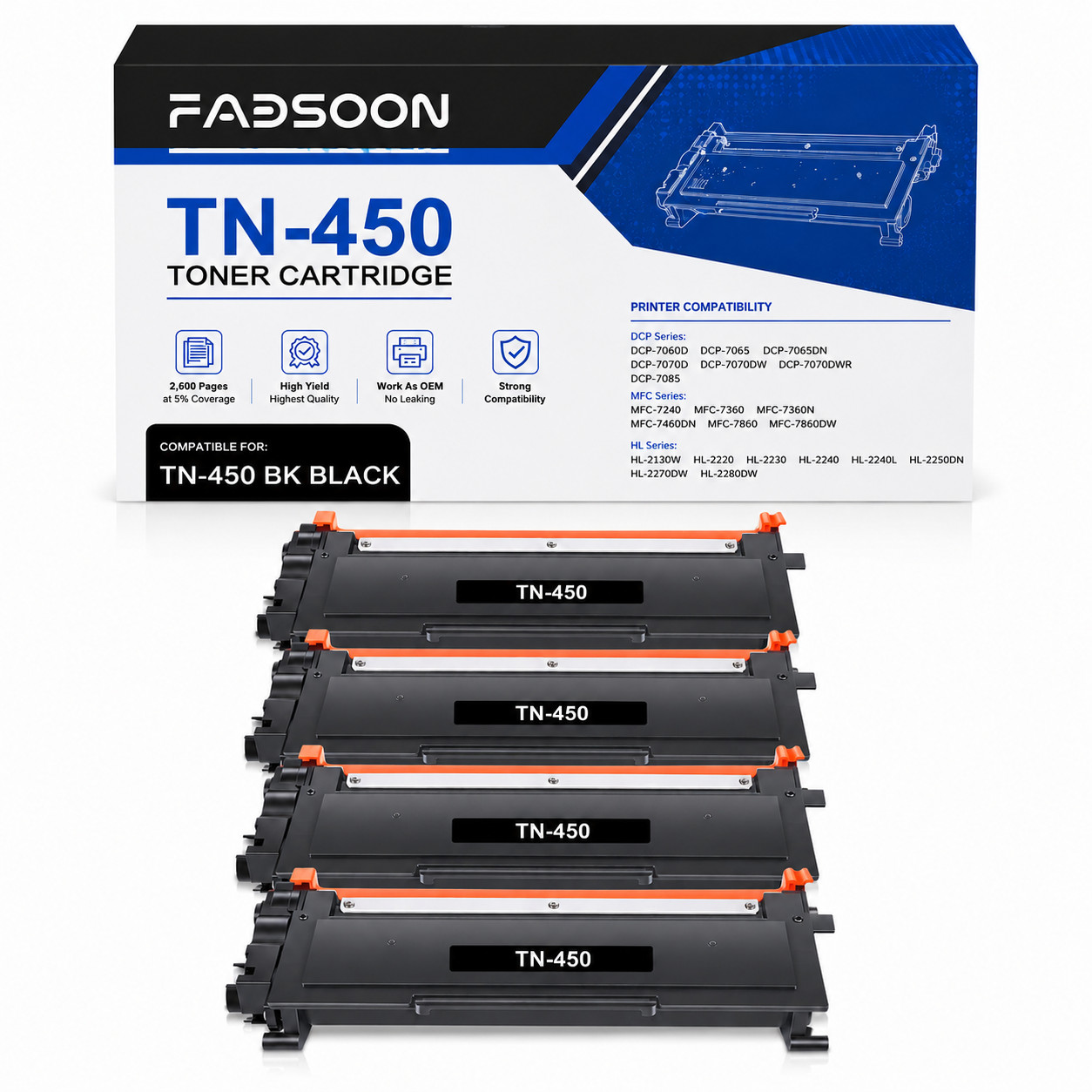 4PK TN450 High Yield Toner Cartridge Set for HL-2240D 2270DW MFC-7360N 7860DW BK