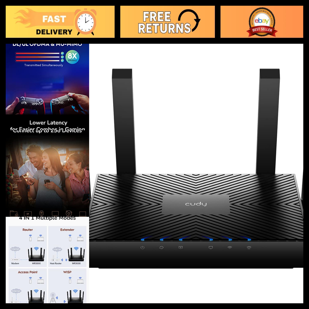 AX3000 Mesh Wi-Fi 6 Router, 4-Port Gigabit, 5-in-1 Modes, High-Speed Internet