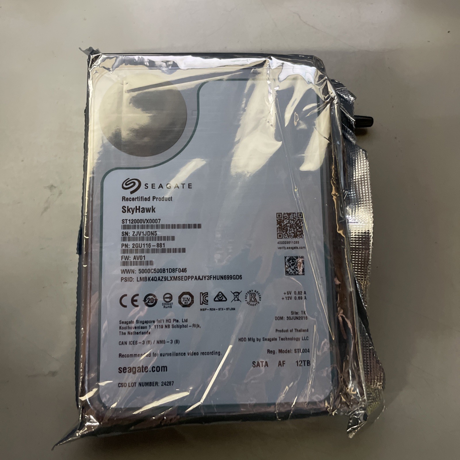 Seagate Skyhawk 12TB SATA 7.2K RPM Surveillance HDD 6Gb/S 3.5in ST12000VX0007