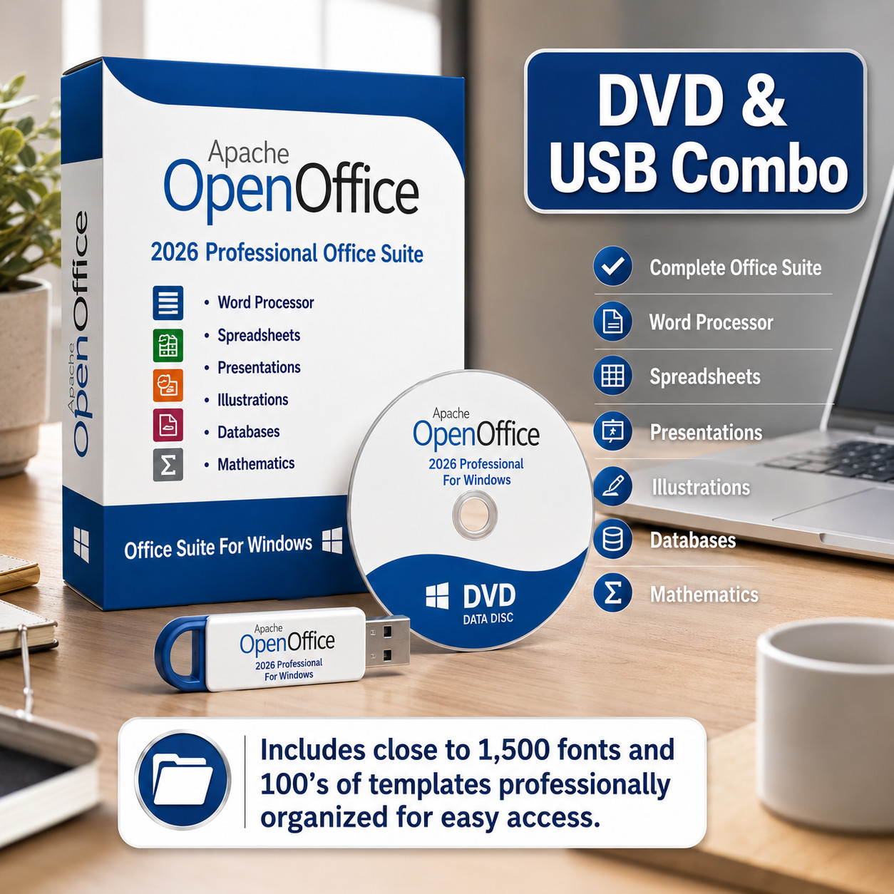 OpenOffice 2026 Windows Office Suite USB DVD Combo Writer Calc Impress Draw Base