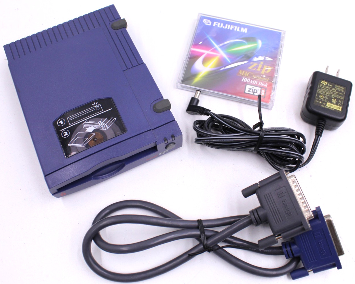 IOMEGA 100 Zip Drive Z100P2 w/ Power Adapter & Parallel + Zip100 Disk - Tested