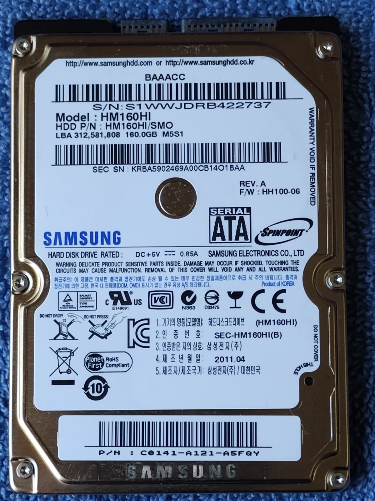 Samsung 160GB 7200RPM SATA 2.5" Hard Drive [Model# HM160HI]