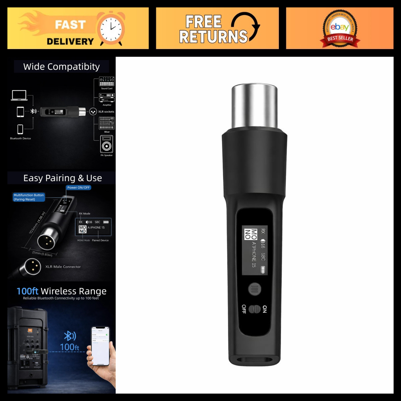 Wireless XLR Bluetooth Audio Receiver, High-Fidelity Sound, Low Latency, Pro Qua
