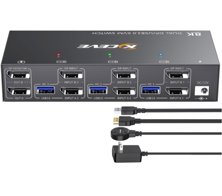KCEVE KVM Switch 2 Monitors 3 Computers Displayport Wired Remote