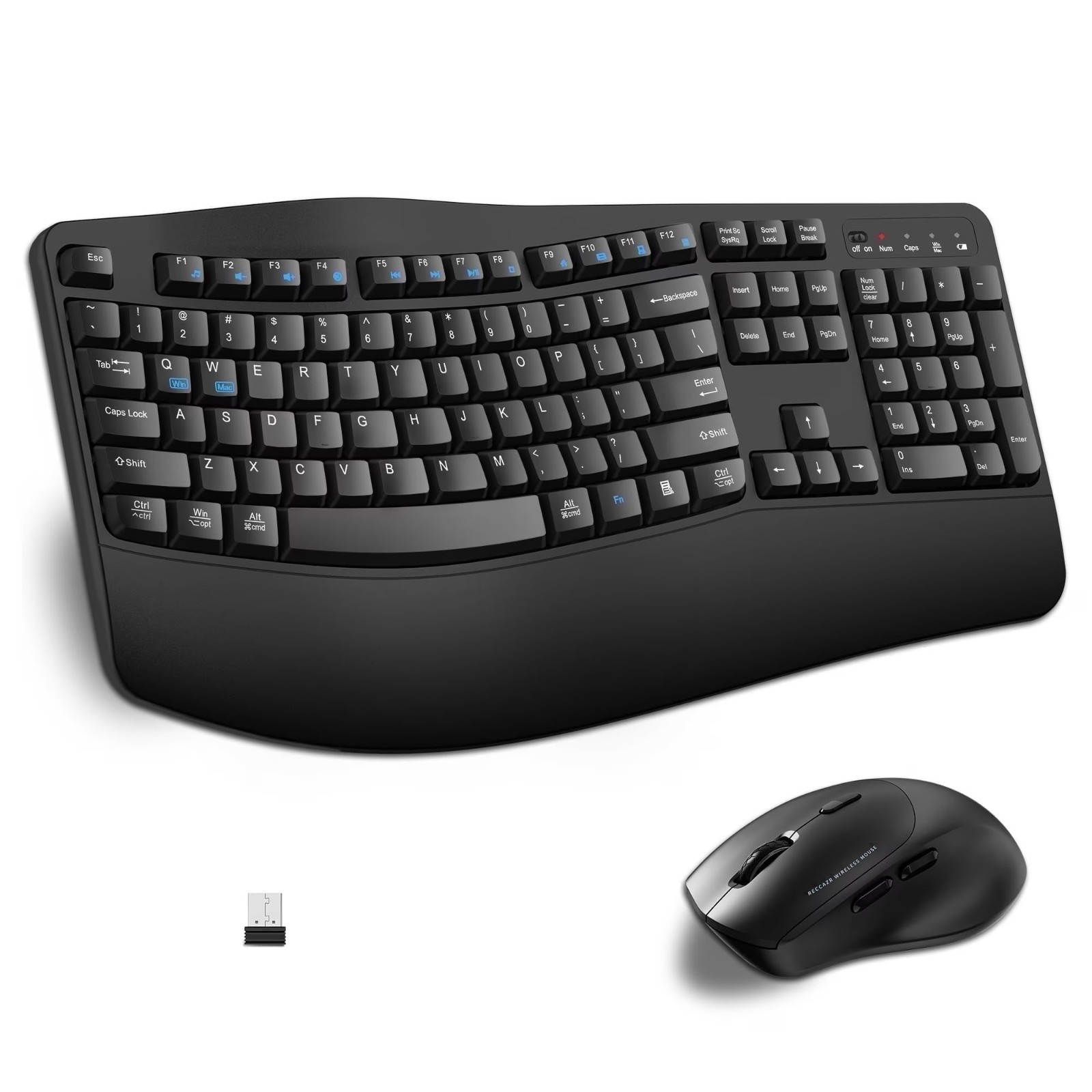 Ergonomic Wireless Keyboard Mouse Combo 2.4GHz Wave Keys Palm Rest Black