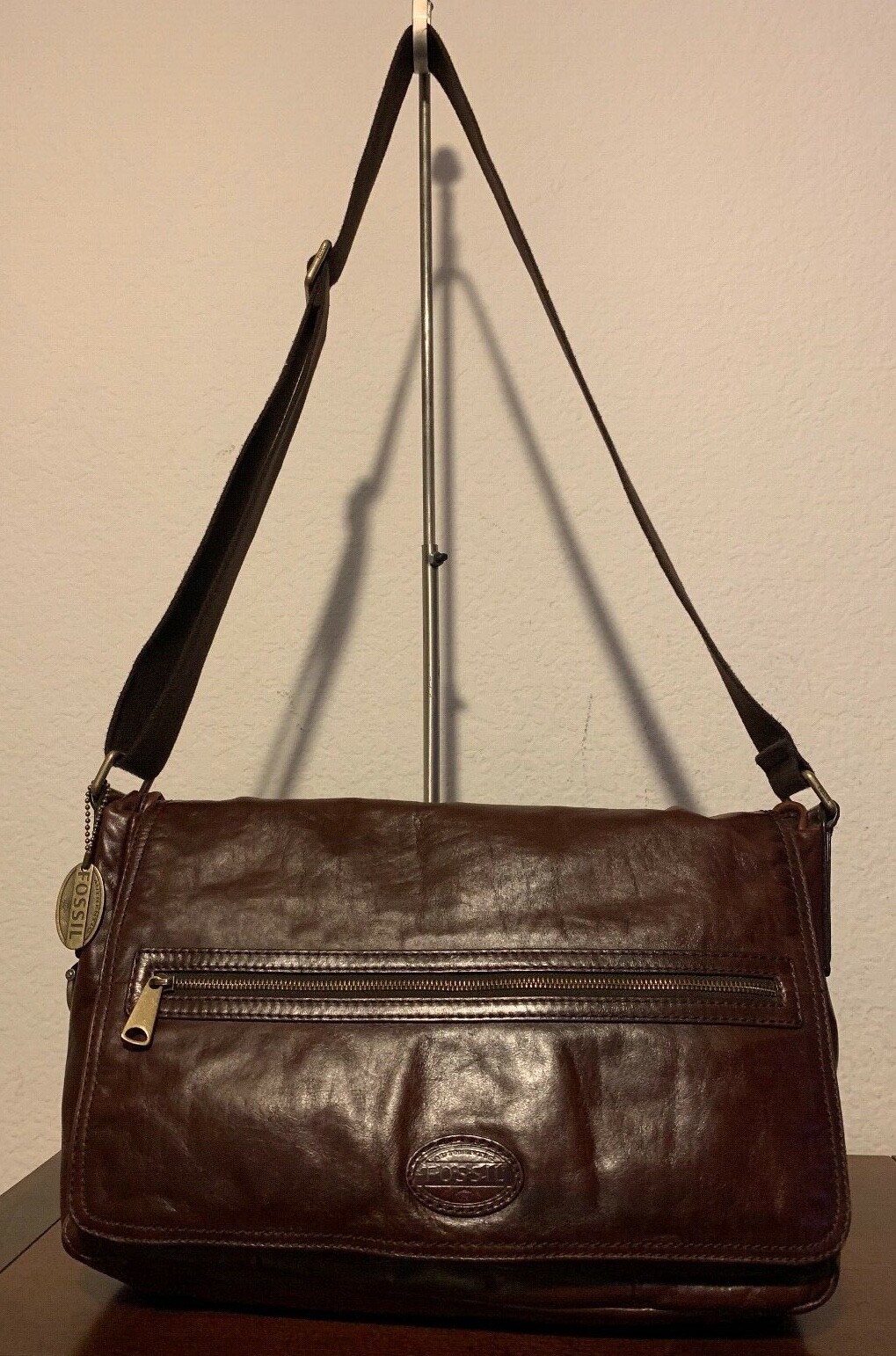 Fossil Brand Brown Rugged Distressed Leather E/W Laptop Messenger Bag