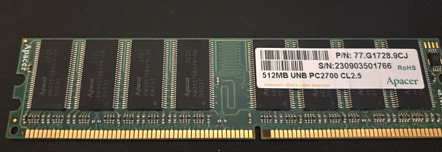 Apacer 512MB PC2700 DDR-333MHz non-ECC Unbuffered CL-2.5 184-Pin(Tested)