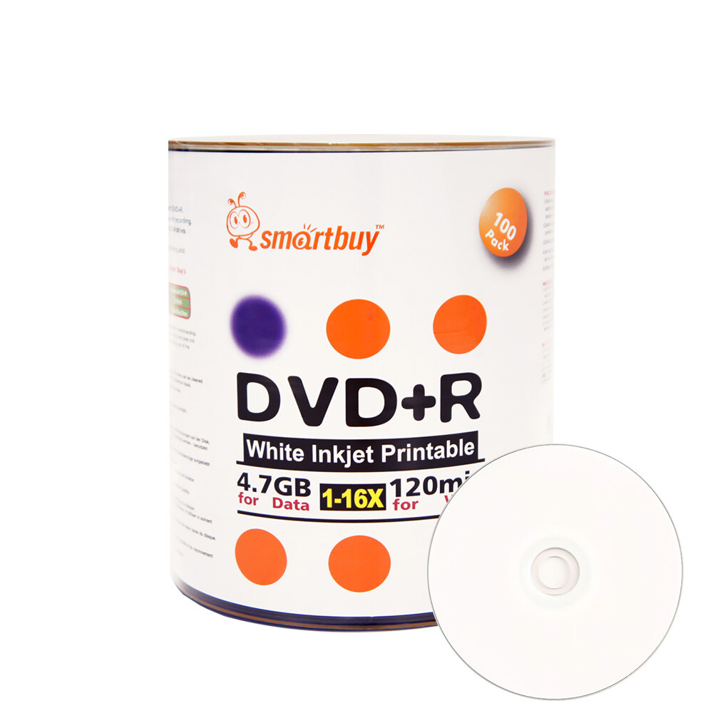Smartbuy DVD+R 16X 4.7GB/120Min White Inkjet Hub Printable Blank Recordable Disc