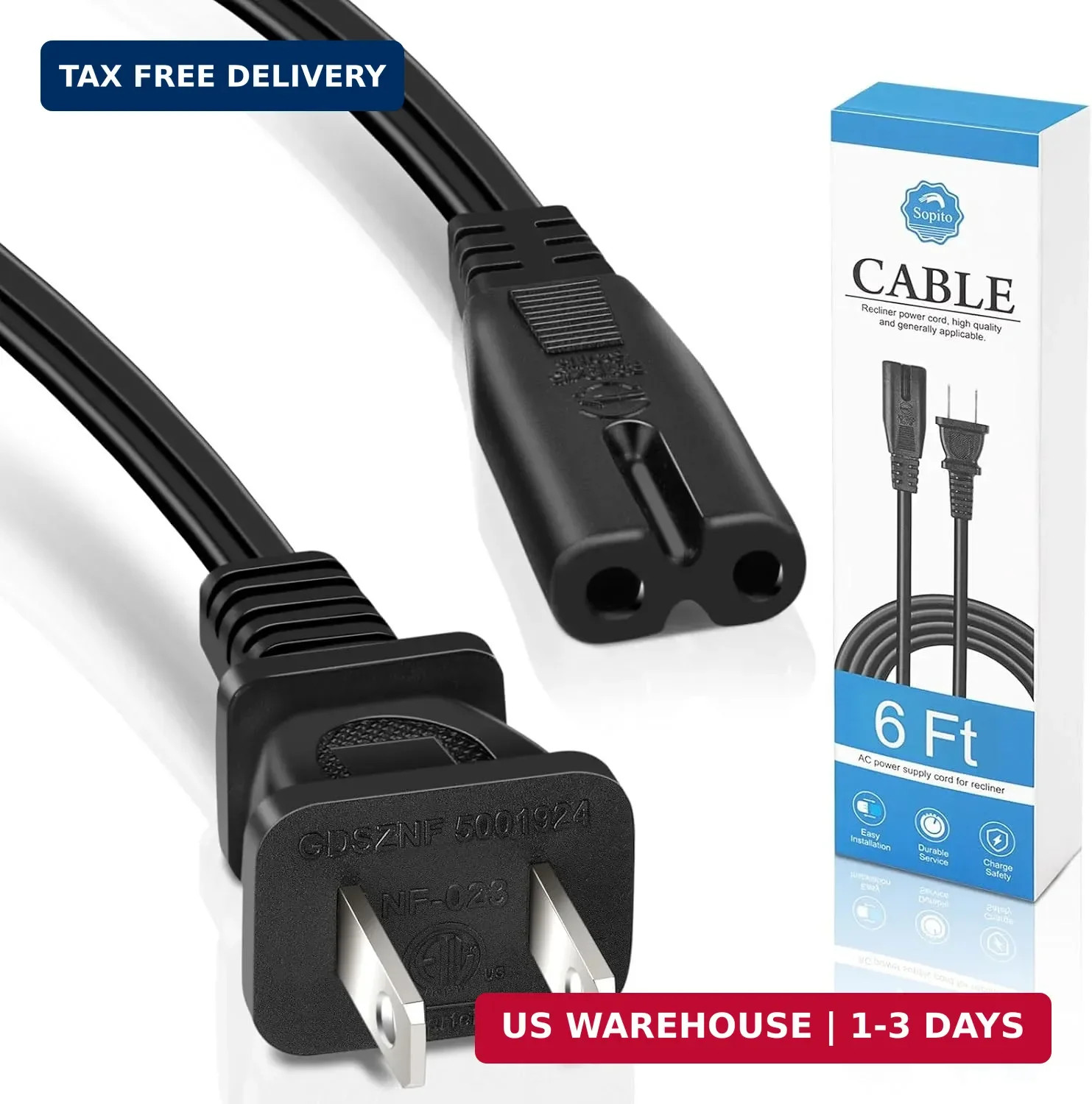 Power Cord for Recliner Chair, Sopito 6Ft 2 Prong Power Recliner Wire Replacemen