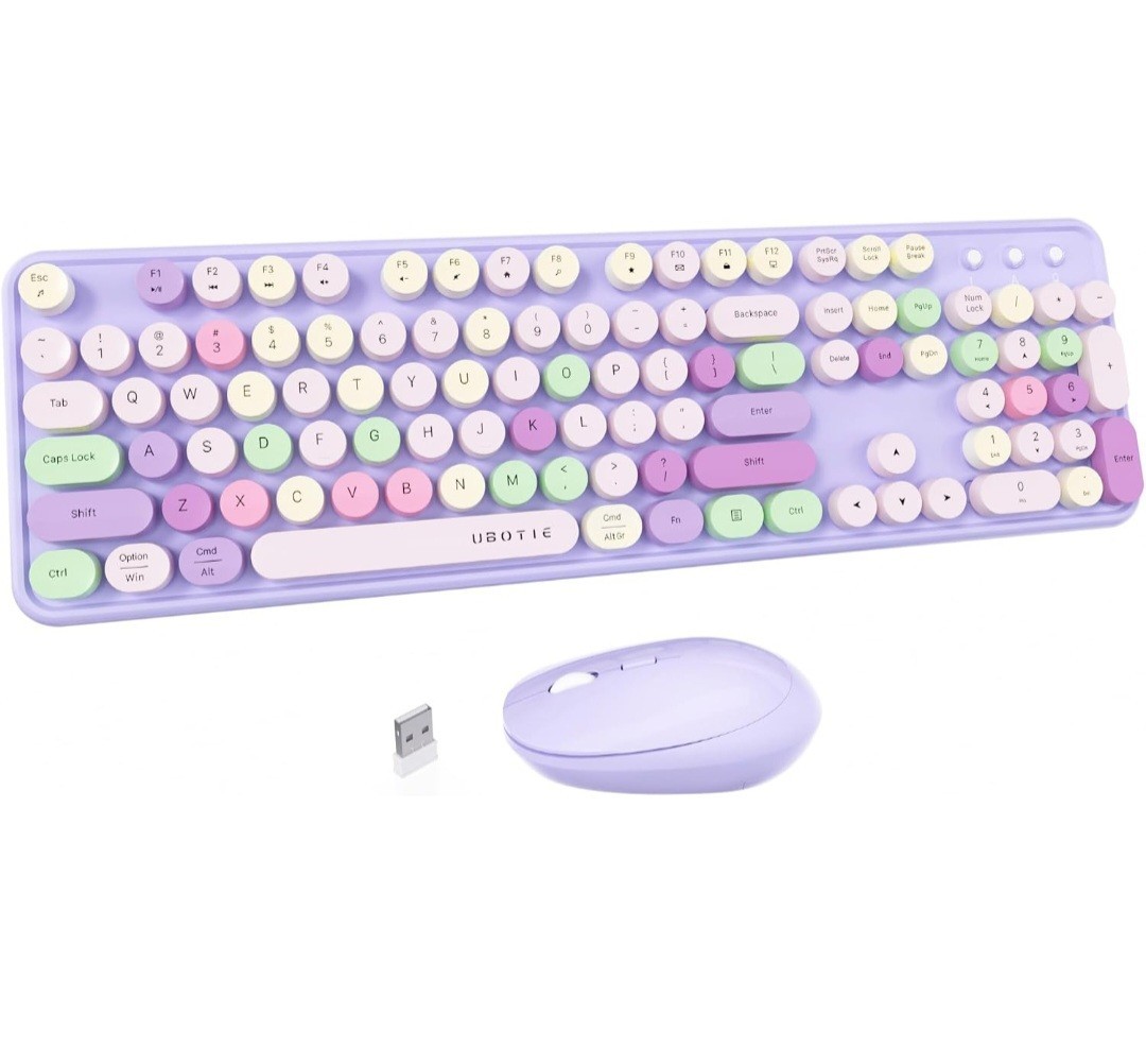 UBOTIE Colorful Wireless Keyboard and Mouse Combo (Purple-Colorful) Retro...
