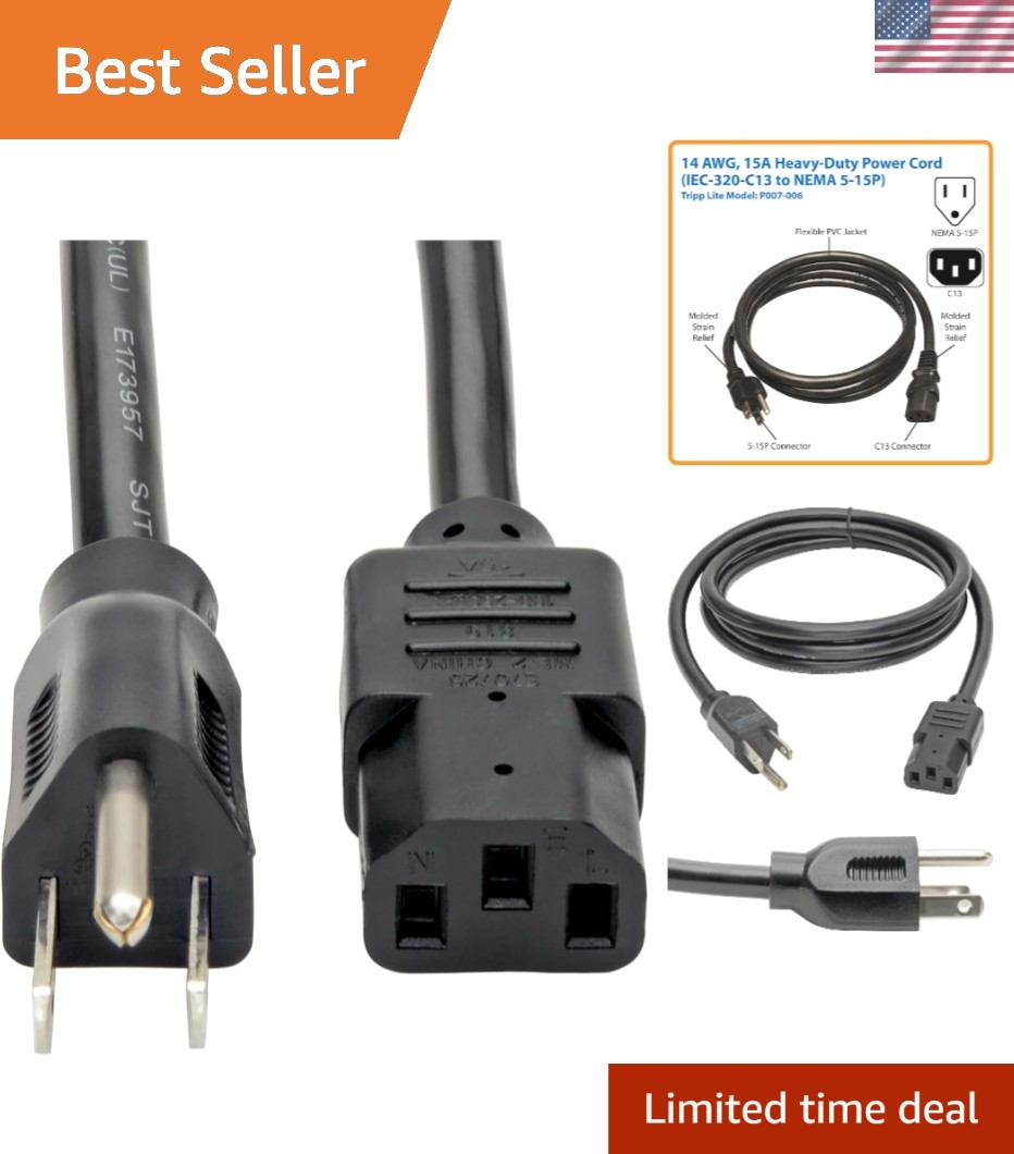 Versatile 6ft Replacement Power Cord - 15 Amp Heavy-Duty for All Devices