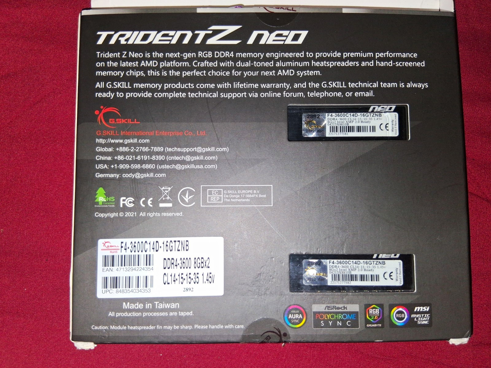 G.SKILL Trident Z Neo 16GB (2x8GB) DDR4-3600 CL14 Samsung B-Die RGB
