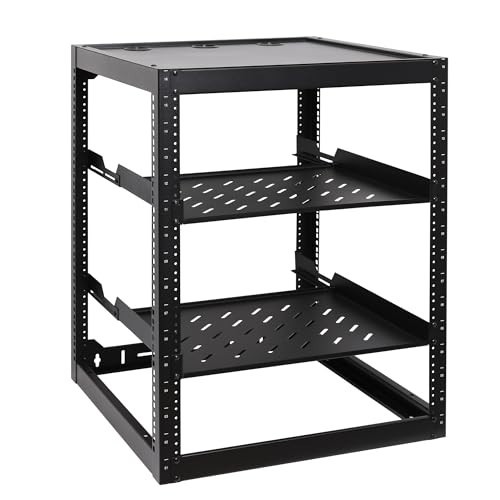 16U Open Frame Network Rack with 2X 14in Vented 1U Shelves Rear Support, Wall...