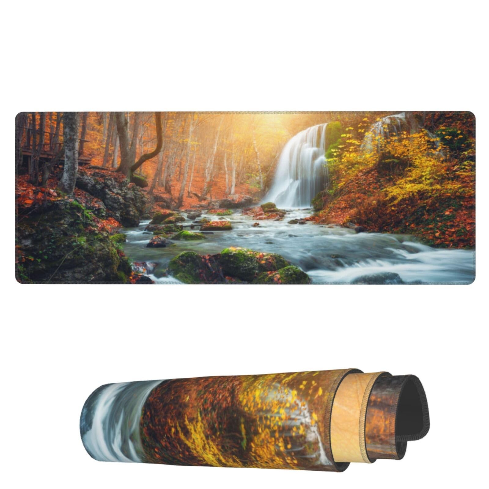 Laptop Mouse Pad Autumn Landscape Waterfall Desk Mat with Stitched Edges 31.5...